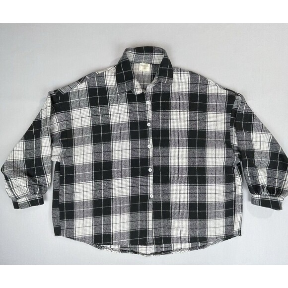 Thick Flannel Button Up High Low Women's M/L Black White Plaid Cozy Lagenlook - Picture 4 of 16